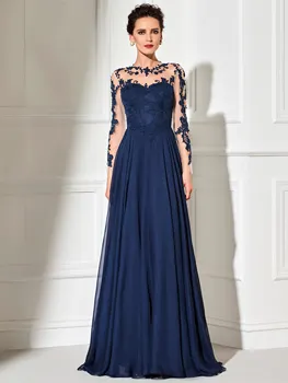 

2020 Elegant Evening Dress Scoop Neck Long Sleeves Button Appliques Floor Length Women Party Gown A Line Evening Dress