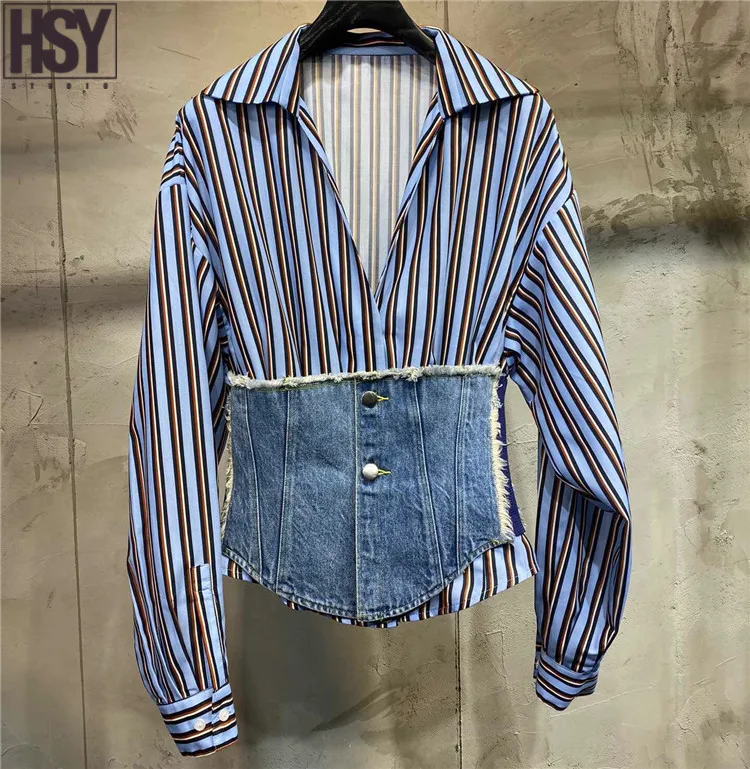 【HSY】 Осень Зима Новая женская блузка потертый Джинсовый пояс контрастный цвет полосы длинный рукав лацканы поддельные две рубашки