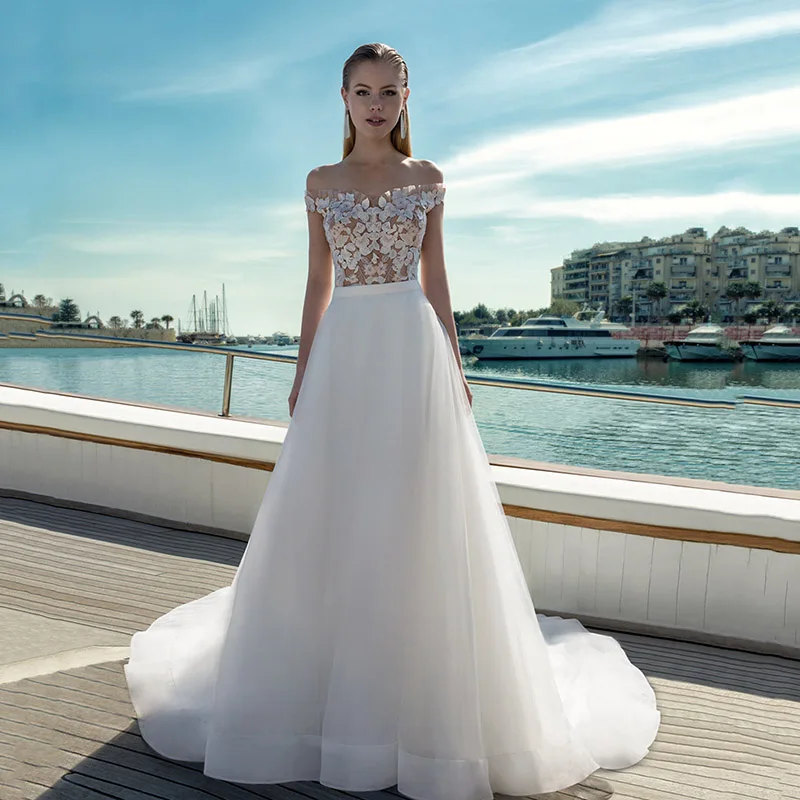 

Eightree A-line Off the Shouler Wedding Dress Floral Tulle Bride Gown Sweep Train Flower Appliques Bride Dress Vestido de noiva