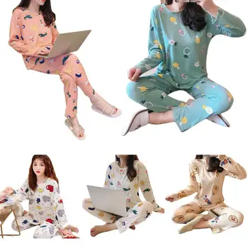 

Womens Long Sleeve Pjamas Set Cartoon Animal Sleepwear Loose Loungewear L-2XL