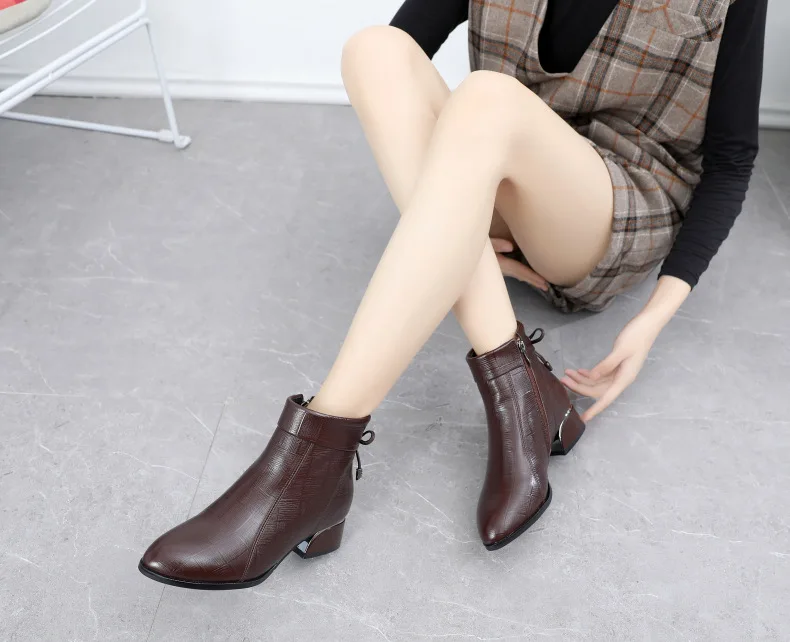 GKTINOO New Ankle Boots Women Pointed Toe Thick Heels Genuine Leather Shoes Short Boots Soft Sole Footwear Plus Size 35-43