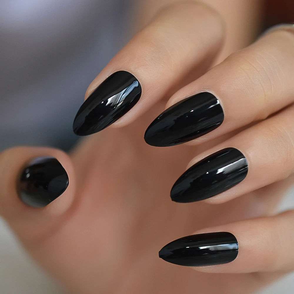 Classic Shiny Black False Fake Nails Stiletto Pure Color Glossy Press