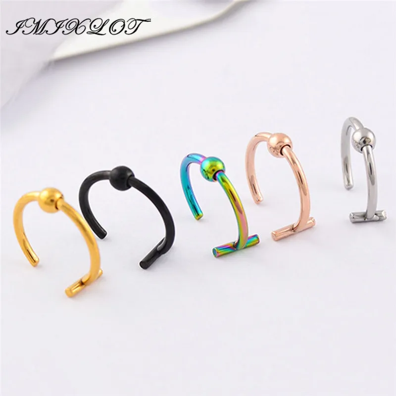 

1pc Opening Body Piercing Jewelry 5 Colors Stainless Steel Lip Tongue Hoop Nose Eyebrow Fake Piercings for Men Women