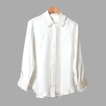 

Women Shirt 2019 Autumn and Winter New Pearl Buckle 100% Silk Wild Lotus Leaf Collar Slim Shirt