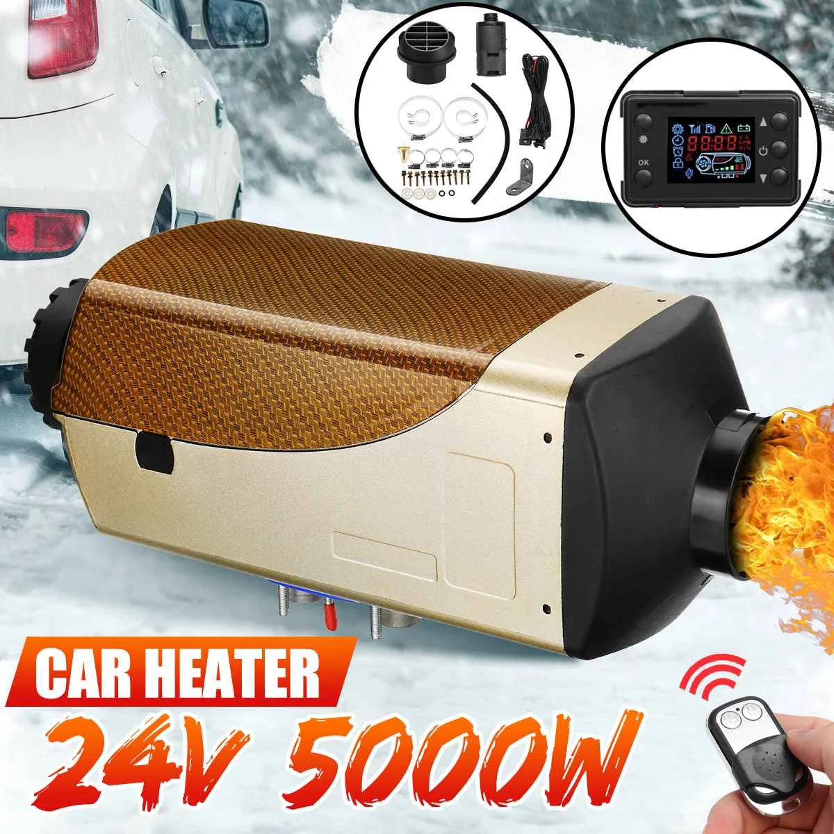 Hcalory автомобильный обогреватель 12 В/24 В 5000 Вт с ЖК-монитором, воздуховод, подогреватель топлива, одно отверстие для лодок, автобусов, с пультом дистанционного управления - Название цвета: 24V Golden