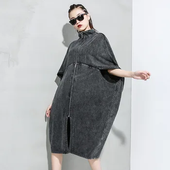 

Female Short Sleeves Windbreakers Irregular Washed Retro Coat Ladies Spring Denim Trench Womens Vintage Zipper Moda Mujer