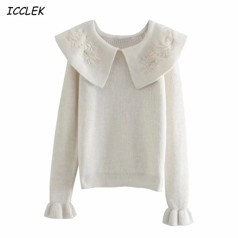 

Women's Sweaters Embroidery Knit Sweater Female Knitted Jumper Pullover Solid Knitwear Elegant Chic Tops Navy Collar Long Sleeve