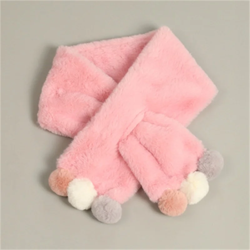 light pink Детский зимний шарф для мальчиков и девочек, детский шарф с помпоном, теплые шарфы для шеи, вязаные шарфы с имитацией шерсти, теплый пушистый шарф - Цвет: light pink