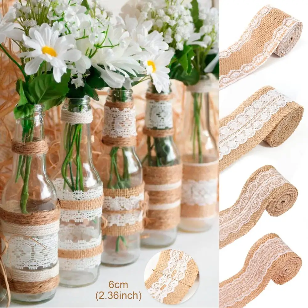 QIFU 2/5M Natural Jute Ribbon Burlap Jute Lace Burlap Ribbon Jute Wedding Decoration Rustic Wedding Centerpieces Rustic Wedding