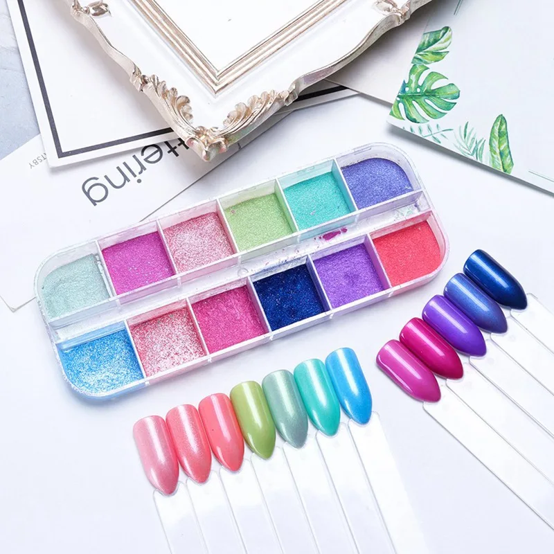 

12 Grids Chrome Nail Powder Dipping Shimmer Dust Colorful Pigment Powder Rubbing Pearl Glitter For Nail Art Decorations