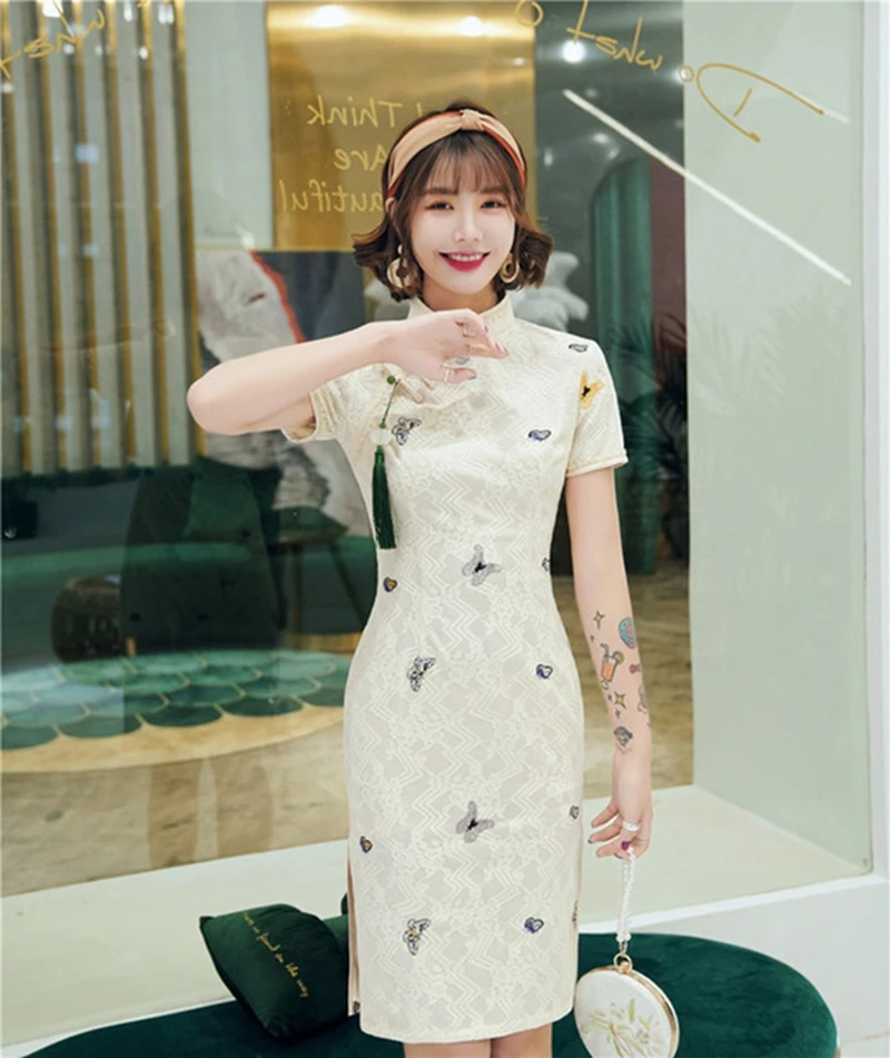 Современный Cheongsam короткое XL тонкое сексуальное кружевное платье китайское