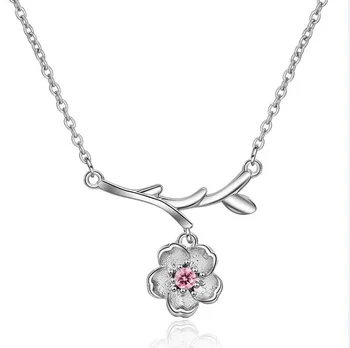 

925 Sterling Silver Sakura Flower Necklaces & Pendants Cherry Blossoms With Chain Choker Necklace Jewelry Collar Colar