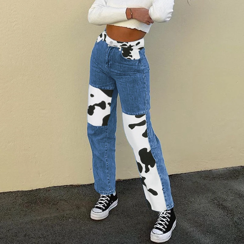 Cow Printed Patchwork Women's Hot Jeans 