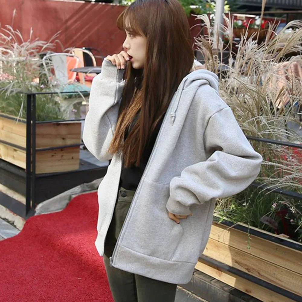 Женская толстовка на молнии с капюшоном, флисовая куртка с длинным рукавом, свободная повседневная куртка с карманами, Женская однотонная Осенняя Толстовка с длинным рукавом#45
