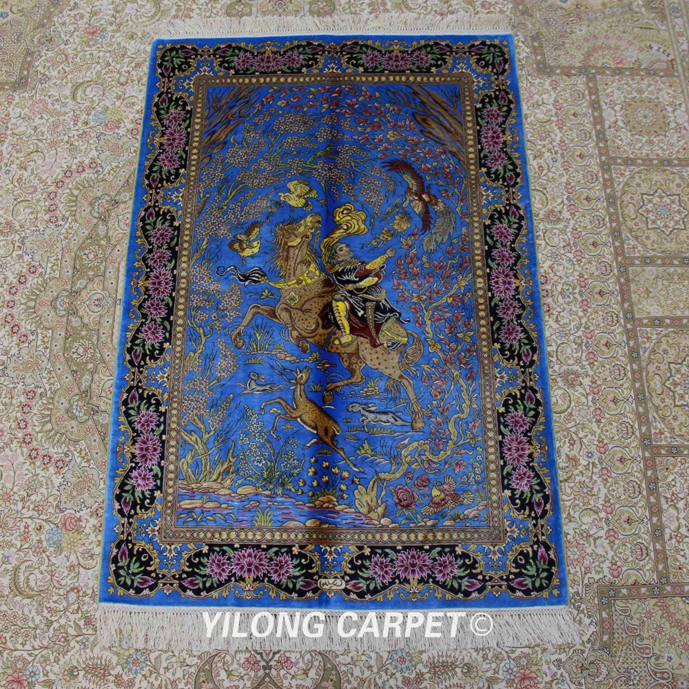 Yilong 3'x4. 5' синий ручной работы Шелковый коврик охотничьи животные крыльцо ковер в восточном стиле(ZQG306A