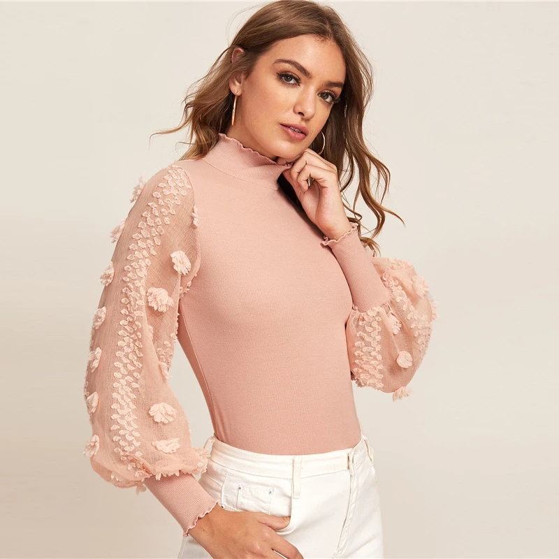 SHEIN черный салат отделка Аппликация Sheer Bishop рукав Топ осень стоячий воротник офисные женские элегантные облегающие Топы И Футболки