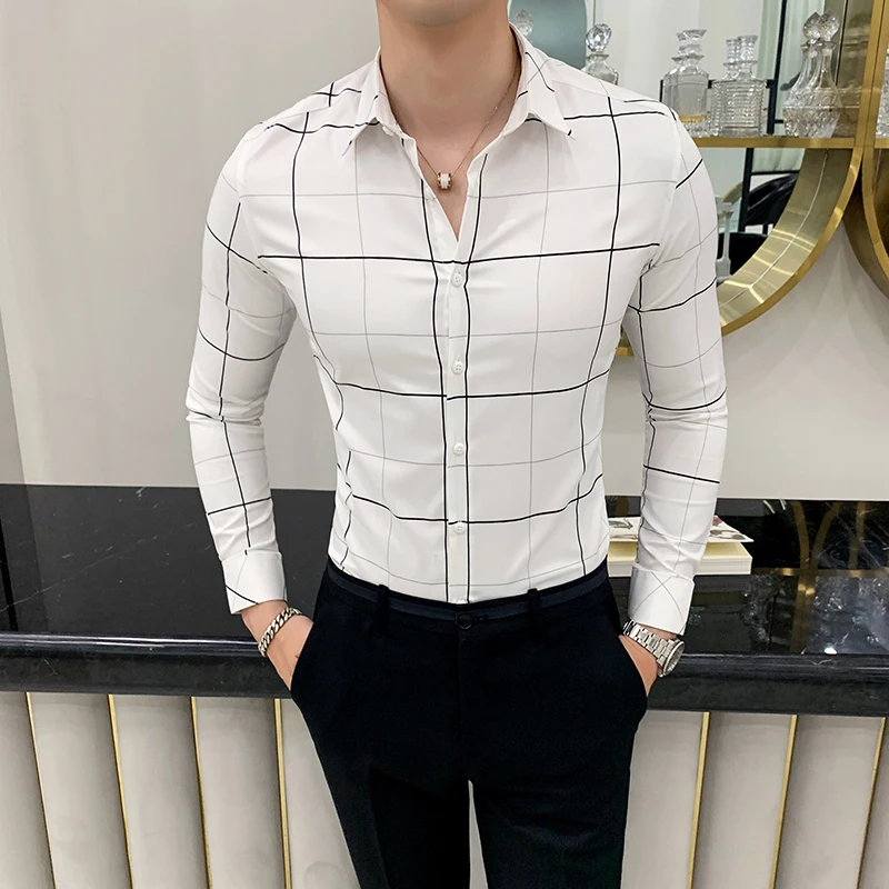 Chemise Homme мужские в английском стиле рубашки в клетку с длинными рукавами деловая официальная одежда зауженного покроя мужская повседневная рубашка смокинг черный 4XL