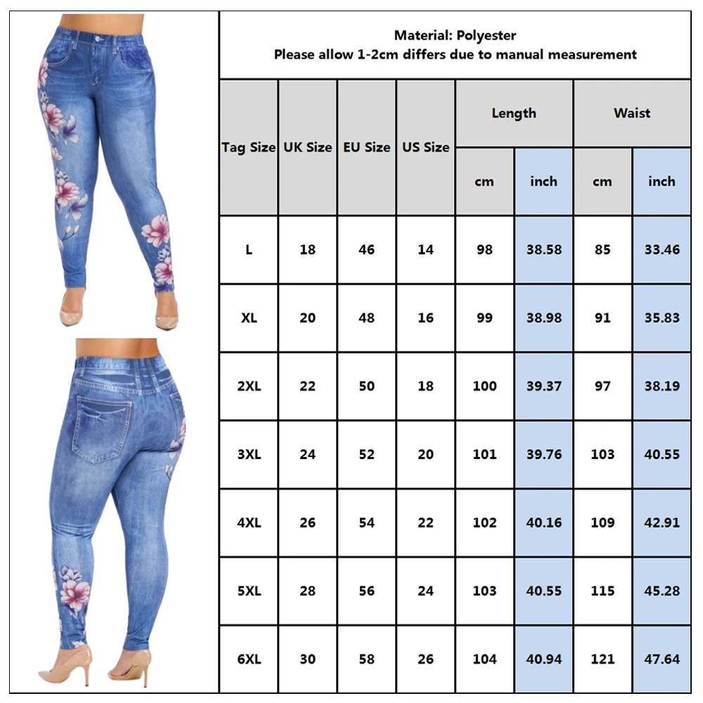 Imitation Denim Pants Women Large Size Flower Print Skinny Jeans for Woman Fashion Lady Mid Waist Jean Pencil Trousers D30