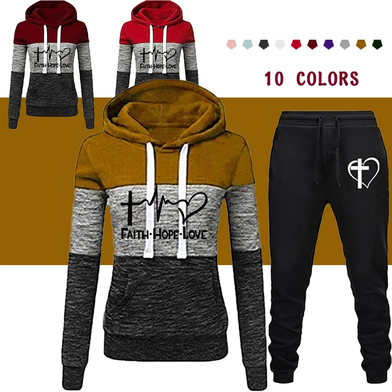 

2021 Spring And Autumn Sets Hoodie Two Piece Sets Women Casual Tracksuit Pant Sets Print Three-Color Stitching Top Suit Fashion