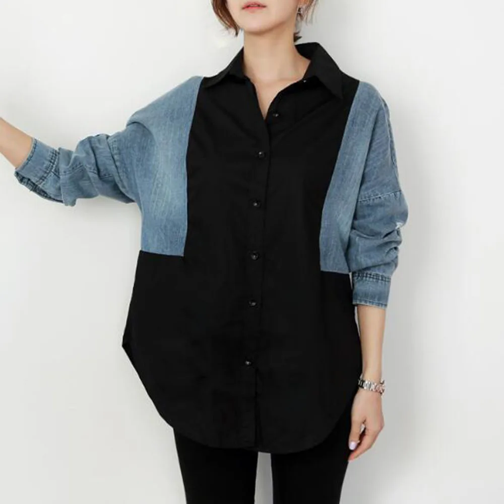 

Fashion Korean Blouse 2019 Autumn Designer Ripped Denim Patchwork Shirts Fake Two Piece Black Women Tops Causal Streetwear