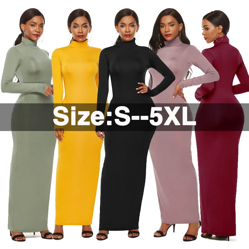 

Long Bodycon Basic Style Autumn Winter Dresses Women 2019 Solid Color Long Sleeve Slim Turtleneck Maxi Dress Plus Size S-5XL