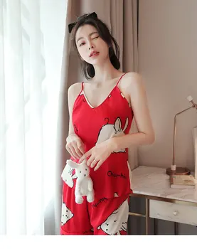 

Wmyqdlq Pajamas Women Summer Thin Cool Strawberry Print Cute Suspender Shorts Two-Piece Suit Home Service