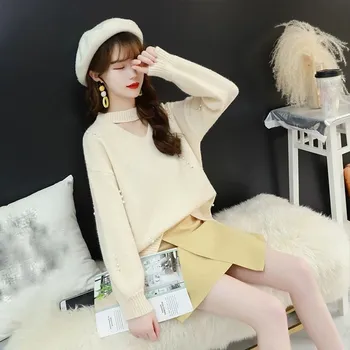 

Autumn Sweet Beading Knitted Casual Sweater Loose Hollow Out Pullovers Solid O-Neck Plus Size Sweater