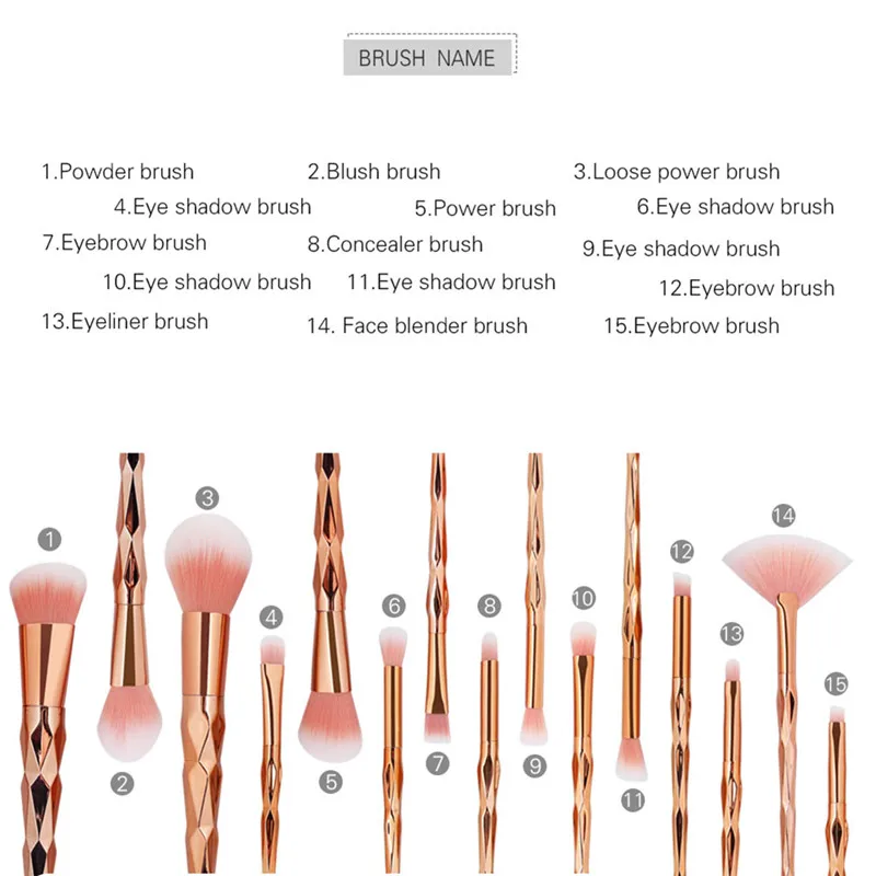 Набор алмазных кистей для макияжа, 15 шт., тени для век, бровей, растушевка, пудра, консилер для губ, веер, косметическая кисть, набор инструментов#281924