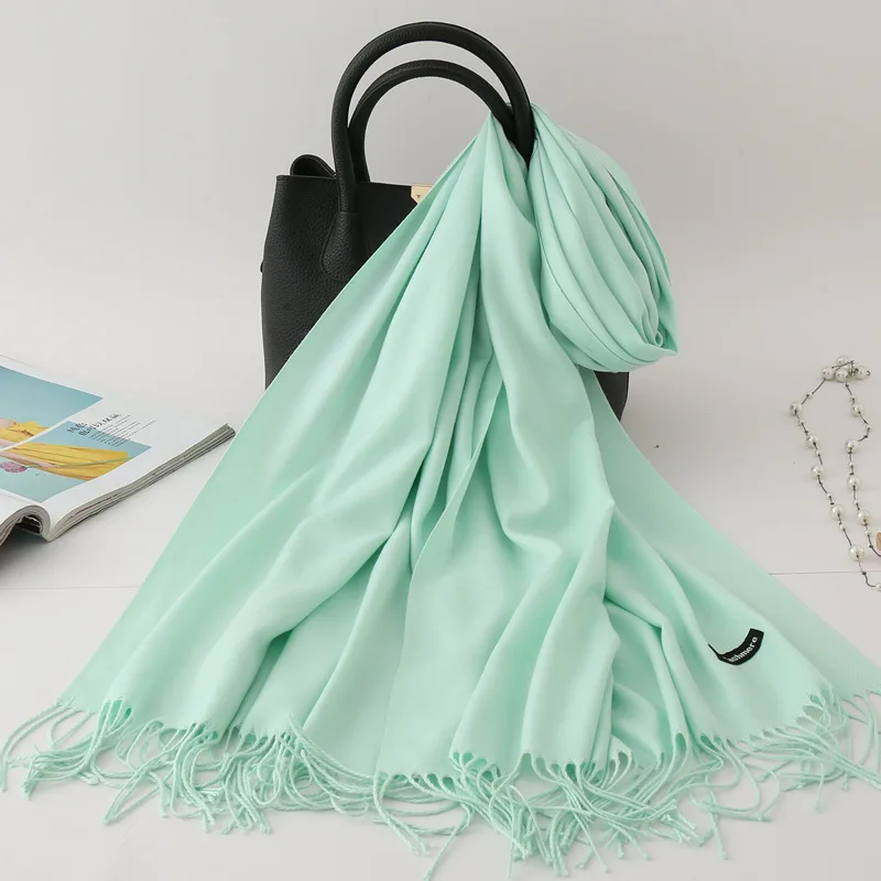 31-Mint Green Женский зимний шарф, Одноцветный кашемировый шарф, толстый шейный Теплый головной хиджаб, женские шали, накидки, одеяло, Пашмина, женский шарф - Цвет: 31-Mint Green
