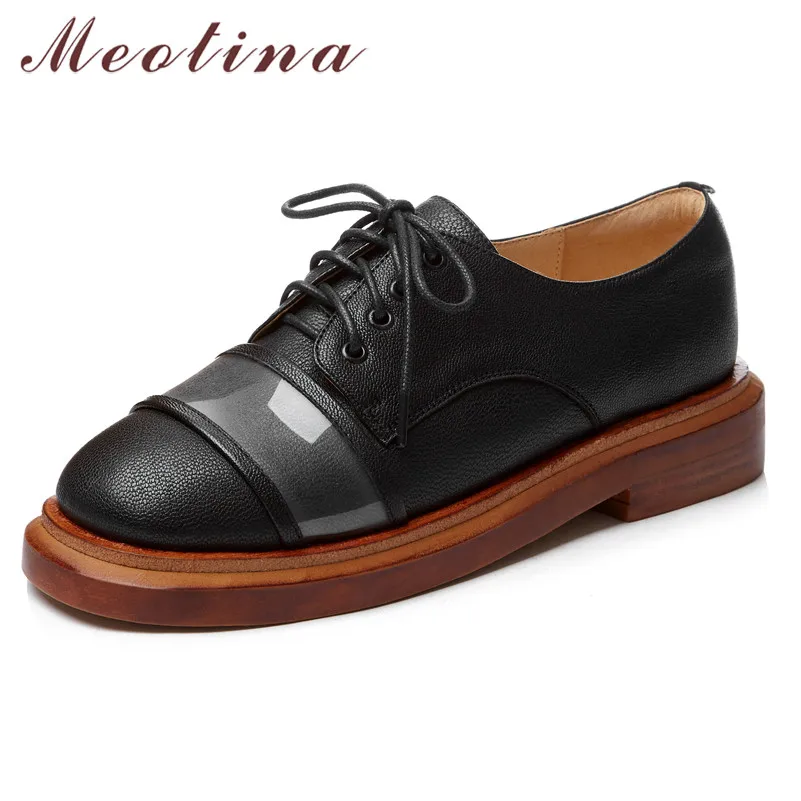 

Meotina Sheepskin Flats Shoes Women Natural Genuine Leather Flat Derby Shoes Transparent Round Toe Casual Shoes Lady Size 33-40