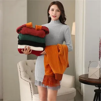 

2019 New Winter Women Plus Thick Velvet Knit Sweater Female Velvet Lining Warm Half Turtleneck Long Dress Pullovers Knitwear E69