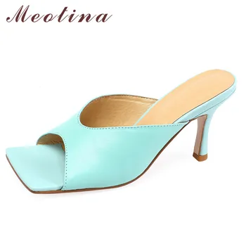 

Meotina Slippers Women Real Leather High Heel Slides Square Toe Stiletto Heel Shallow Lady Shoes Summer Sandals White Size 43