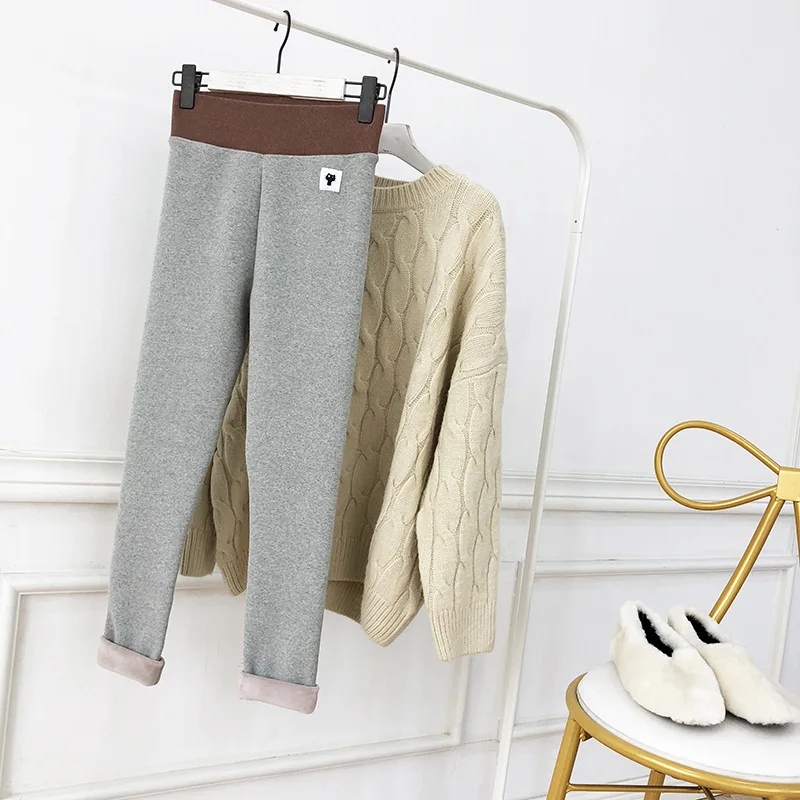 light grey TMWEVN горячие новые модные женские осенние и зимние высокая эластичность и хорошее качество толстые бархатные брюки теплые леггинсы - Цвет: light grey