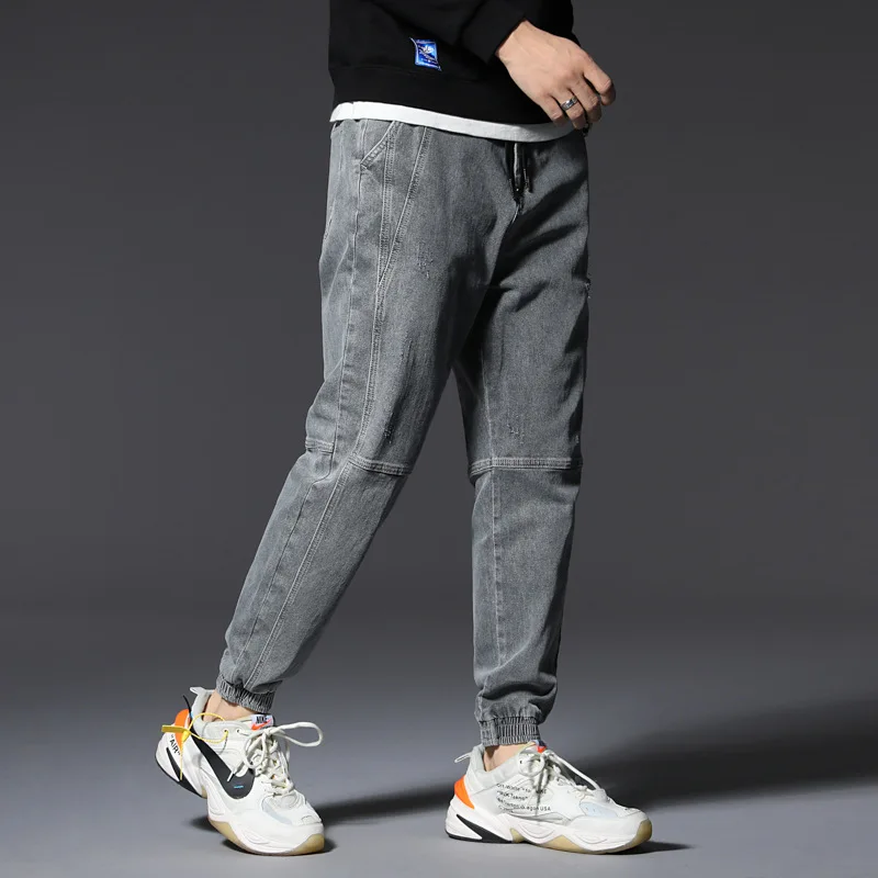 Japanese Vintage Fashion Men Jeans GrayLoose Fit Big Size L-7XL Elastic Harem Jeans Men Spliced Cargo Pants Hip Hop Jogger Jeans