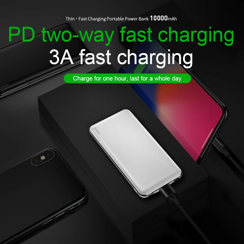 Baseus Thin Power Bank 10000mAh Type C PD Fast Charging For iPhone 11 Pro Max Portable External Battery Powerbank Charger Pack Baseus Thin Power Bank 10000mAh Type C PD Fast Charging For iPhone 11 Pro Max Portable External Battery Powerbank Charger Pack