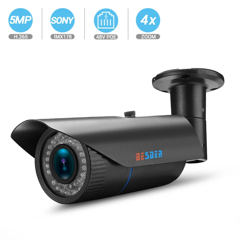 

BESDER Auto Zoom 4X Motorized Lens 6mm-22mm 5MP 2592*1944 H.265 IP Camera HI3516A + 1/1.8'' SONY IMX178 Outdoor Security Camera