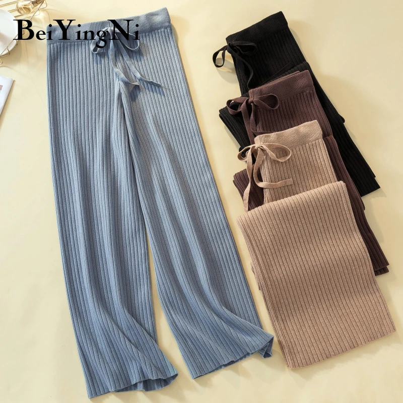 Beiyingni 2020 Autumn Winter Knit Pants Women Drawstring Casual Loose Fashion High Waist Wide Leg Pants Black Korean Trousers Beiyingni 2020 Autumn Winter Knit Pants Women Drawstring Casual Loose Fashion High Waist Wide Leg Pants Black Korean Trousers