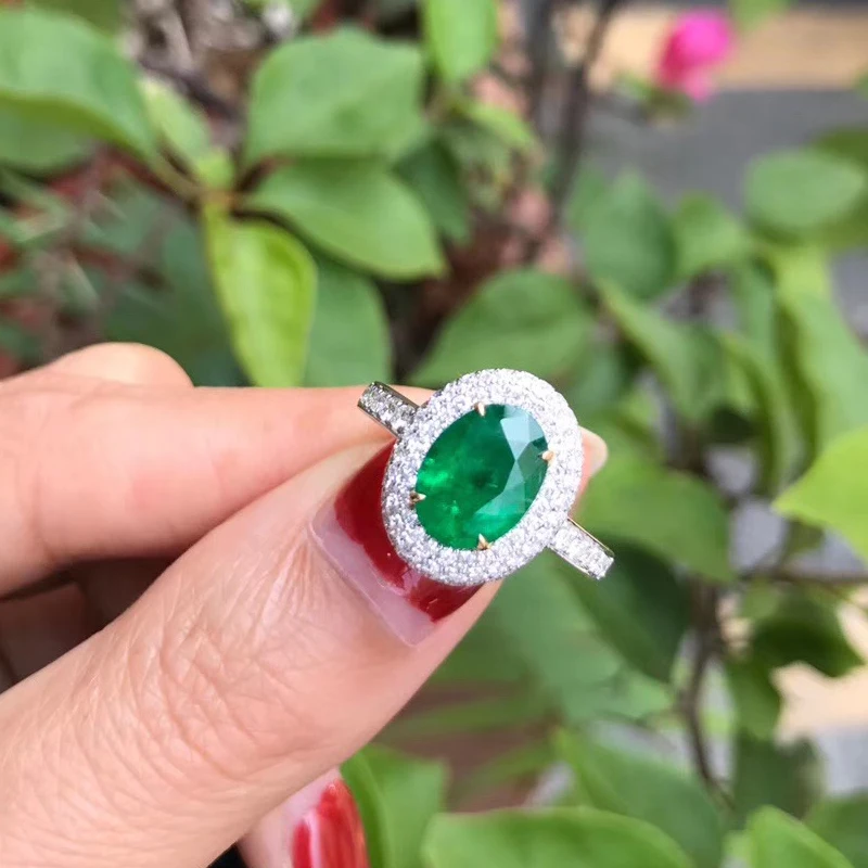 AEAW ювелирные изделия 18 к белое золото 1.7ct кольцо с натуральным изумрудом юбилейное кольцо овальной огранки кольцо с зеленым драгоценным камнем женские ювелирные изделия