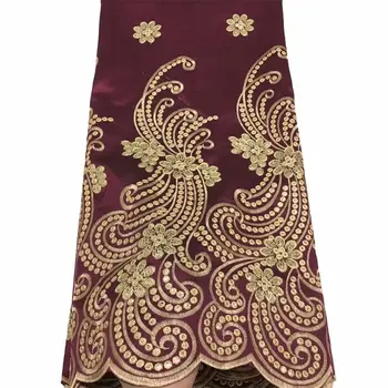

African Nigerian George Lace Fabric With Gold Line Net Lace For Blouse Rhinestones And Gold Sequined George Silk Sequins Fabric