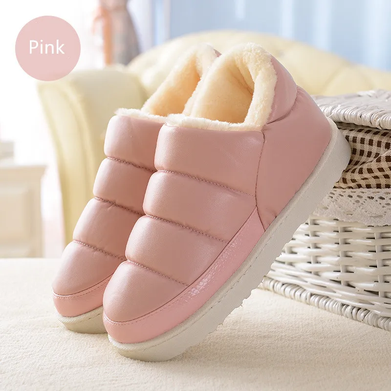 Suihyung/женская зимняя теплая Домашняя обувь унисекс; повседневная обувь на плоской платформе с хлопковой подкладкой; домашние кожаные тапочки для влюбленных; меховая обувь - Цвет: Розовый