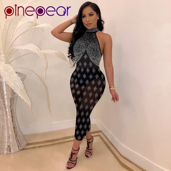 

PinePear Sequin Dress Mesh Bodycon Mid Sexy Club Outfits 2020 Sleeveless See Through Tight Dresses Woman Party Night Wholesale