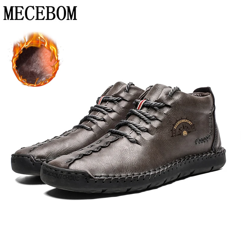 gray with fur Мужские ботинки; теплые зимние водонепроницаемые ботильоны из натуральной кожи; большие размеры 39-50; удобная мужская обувь из плюша на нескользящей подошве - Color: gray with fur