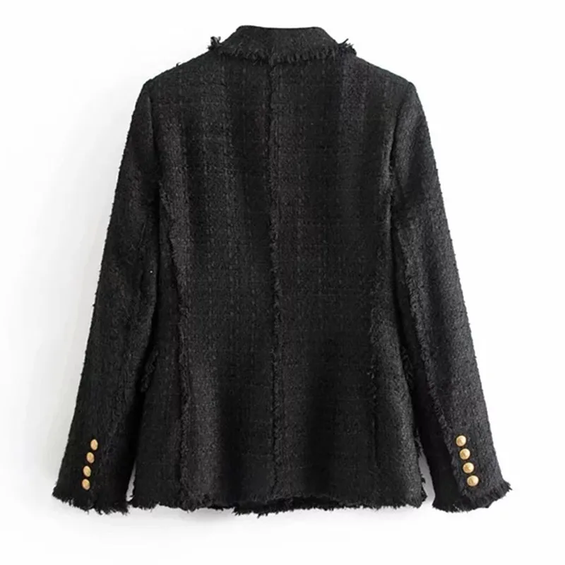 Винтажный черный блейзер в клетку из саржи, винтажный Женский мягкий шерстяной костюм с карманами и бахромой, базовое пальто, верхняя одежда, топы