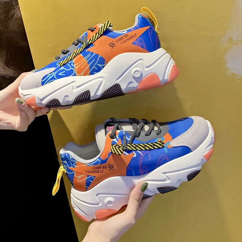 2019 Women Mesh New Autumn Sneakers Ladies Flat Lace Up Platform Vulcanized Shoes Female Mixed Color Casual Footwear