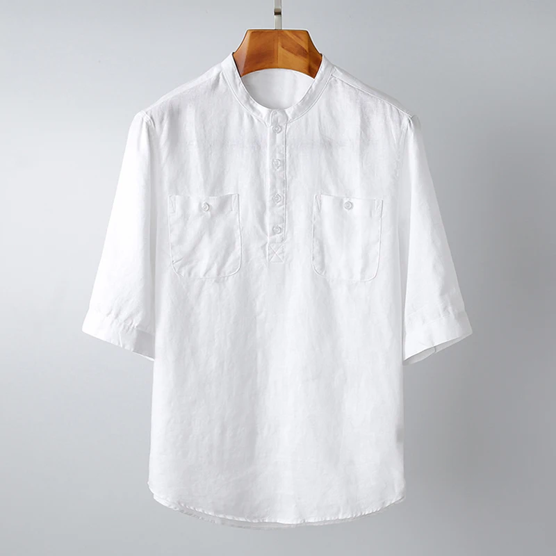 

Casual Pullover Shirt 100%Linen Short Sleeve Shirts Men 2020 Summer Stand Collar Solid White Pocket Decoration Clothes