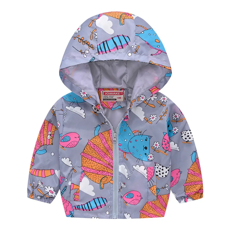 Осенняя детская одежда; куртки для девочек; пальто для мальчиков; детская ветровка на молнии с капюшоном; водонепроницаемые толстовки с капюшоном; принт с животными; Модная одежда с динозавром