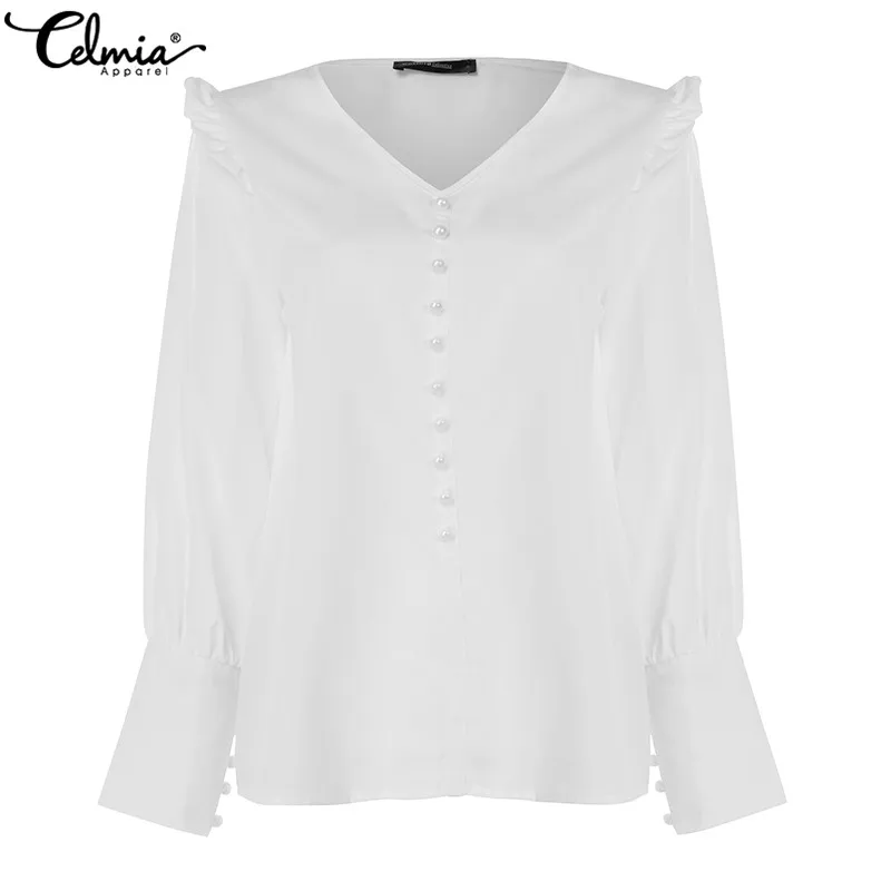 Autumn Women Shirts Blouses 2019 Celmia Sexy V Neck Long Sleeve Casual Solid Ruffled Tunic Top Button Plus Size Blusas Femininas - 33046357946