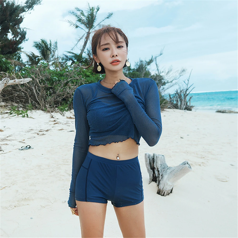 Uzun Kollu Iki Parcali Mayo Kadinlar Kati Mayo Sort Dokuntu Bekci Orgu Mayo Takim Elbise Kore Yuksek Bel Tankini Sifon 3 Setleri Aliexpress