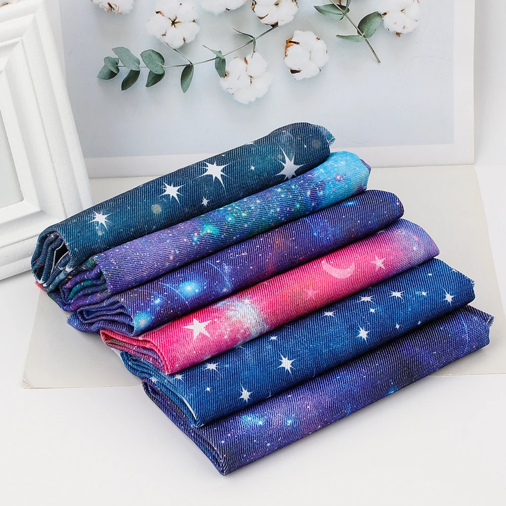 

JOJO BOWS 40*50cm Denim Fabric Printed Shiny Star Cloth Sheets For Patchwork Apparel Sewing Materials DIY Hair Bows Accessories