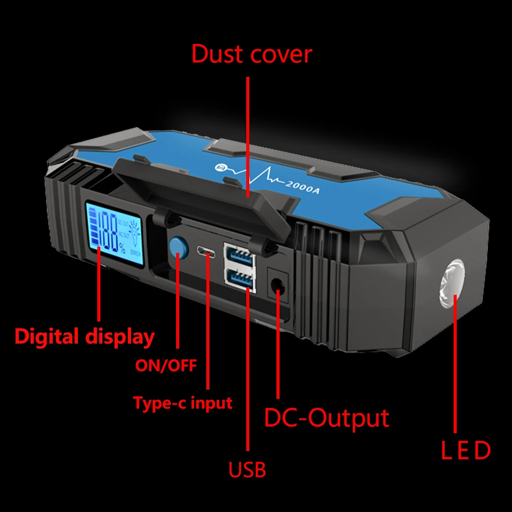 

Input Type-C 20000mAh Jump Starter Start Current 1000A Peak Current 2000A Ultra Safety Jump Starter Battery Booster